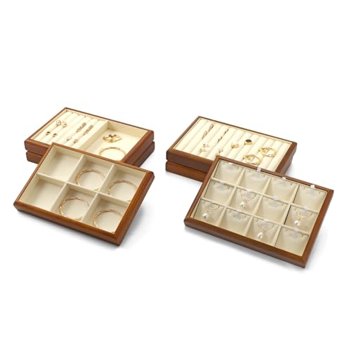6 Grids Solid Wood Jewelry Tray Microfiber Bracelet Bangle Watch Earring Ring Necklace Holder for Display Storage (Cream White) - style: 6 Grid