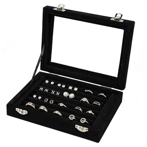 Jewelry Box Rings Organizer Tray 7 Slots Velvet Jewelry Earring Storage Box With Transparent Lid Jewelry Display Case for Girls Women (Black) - color: Black