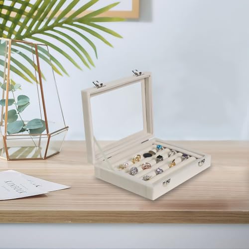 Jewelry Box Rings Organizer Tray 7 Slots Velvet Jewelry Earring Storage Box With Transparent Lid Jewelry Display Case for Girls Women (Beige) - color: Beige