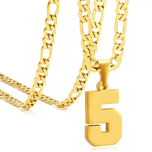 Personalized Jersey Number Necklaces for Mens,Athletes Stainless Steel Sport Number Pendant Chain for Mens Baseball/Basketball/Football Team Inspiration Jewelry with Gifts - color: Gold, style: 5 Gold