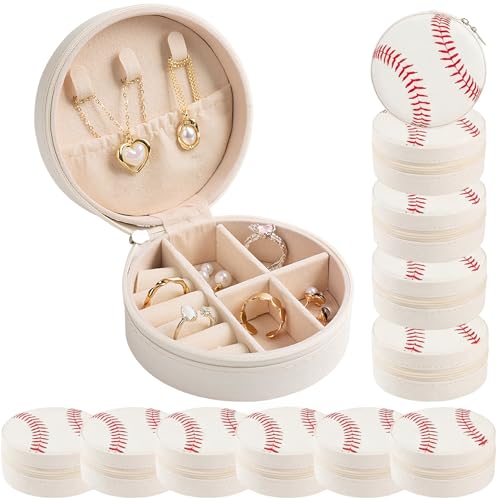 12-Pack Baseball Jewelry Box Bulk Team Gifts for Girls & Moms, White Round Mini Travel Jewelry Case with Red Stitching, Senior Night Tournament Gifting, Baseball Mom Accessories - style: Baseball