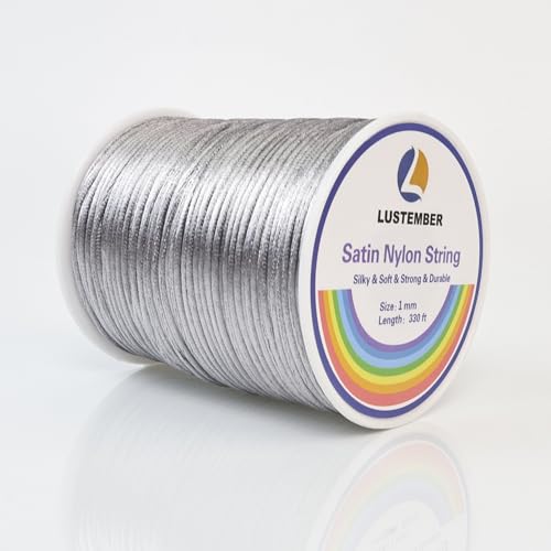 LUSTEMBER 330 Feet Satin Nylon String, 1 mm Silky Smooth Durable Nylon Cord for Jewelry Making, Bracelets, Beading, Necklaces, Macrame, Kumihimo, Rattail, and Chinese Knot Craft - size: Silver