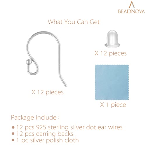 BEADNOVA Earring Hooks 925 Sterling Silver Ball Dot Ear Wire with Rubber Backs Earwire for Jewelry Making Earring Supplies (12pcs Ear Wire and 12pcs Backs, Total 24pcs)