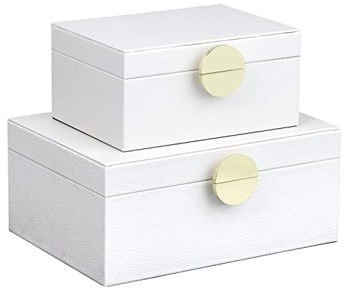 HofferRuffer Faux Leather Jewelry Boxes, Decorative Boxes Storage Accessory Organizer with Gold Hardware Decor, Classic Vegan Leather Set of 2 Pieces (White) - color: White