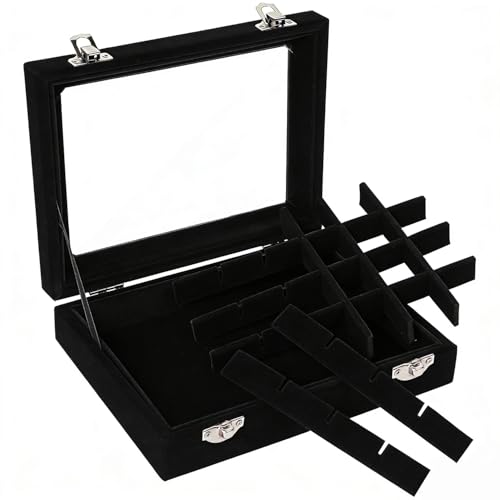 Velvet Jewelry Box 24 Grid Jewelry Earrings Display Organiser Box Ring Tray Holder Earrings Storage Case for Girls Women Wife Mom (Black) - color: Black