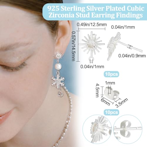 Beebeecraft 1 Box 10Pcs Sun Post Earring Sterling Silver Cubic Zirconia Stud Earring Findings with Horizontal Loops and Butterfly Earring Backs for DIY Earring Jewelry Making - color: Silver Sun Earring