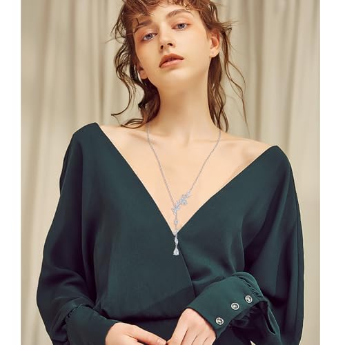 Long Necklace Sterling Silver Larait Bar Y Lariat Long Chain Drop Adjustable Necklace Gift for Her, 30" - style: Long Leaf Necklace