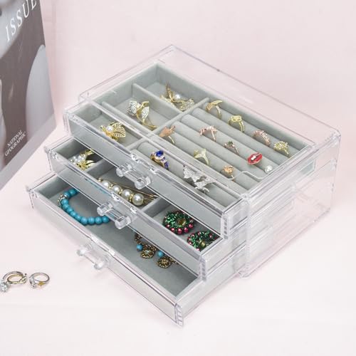 Weiai Acrylic Jewelry Box 3 Drawers, Velvet Jewellery Organizer, Earring Rings Necklaces Bracelets Display Case Gift for Women, Girls - color: Gray
