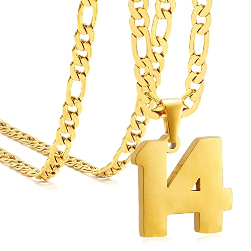 Personalized Jersey Number Necklaces for Mens,Athletes Stainless Steel Sport Number Pendant Chain for Mens Baseball/Basketball/Football Team Inspiration Jewelry with Gifts - color: Gold, style: 14 Gold