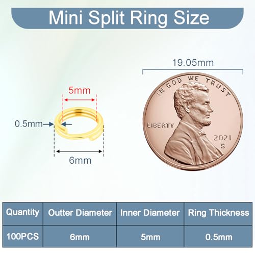 100pcs 6mm Tiny Split Ring for Jewelry Making, Double Loops Round Split Jump Rings Necklaces Bracelets Earrings Metal Mini Key Rings DIY Craft - color: 6mm Outter Dia.;5mm Inside Dia. Gold