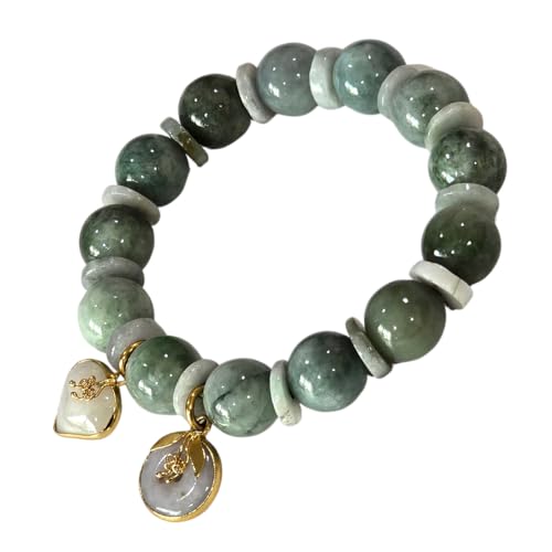 Natural Green Jade Beaded Bracelet with White Jade Spacer & Heart Charm – Elastic Stretch Crystal Bracelet for Luck, Love & Protection – Gift Box Included