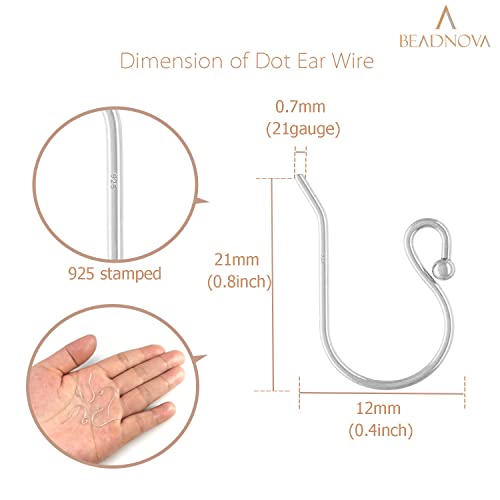 BEADNOVA Earring Hooks 925 Sterling Silver Ball Dot Ear Wire with Rubber Backs Earwire for Jewelry Making Earring Supplies (12pcs Ear Wire and 12pcs Backs, Total 24pcs)
