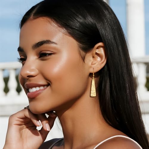 ALEXCRAFT 925 Sterling Silver Dangle Earrings for Women, 14K Gold Plated French Leverback Earrings, Hypoallergenic Lightweight Statement Hammer Square Bar Long Drop Earing for Women Trendy Jewelry - color: GoldA