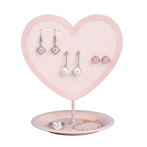 Earring Holder for Girls – Heart-Shaped Pink Metal Stand Jewelry Organizer with Tray for Rings & Bracelets, Cute Vanity Display for Teen Room Decor