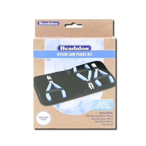 Beadalon Designer Series Nylon Jaw Pliers Kit, Pacific Blue Vinyl-Free Grips, Stainless Steel, Flat Nose, Round Nose, Flat/Round, Tool Size 5.25 in, 3 pc with Zip Pouch - color: Pacific Blue, style: Took Kit