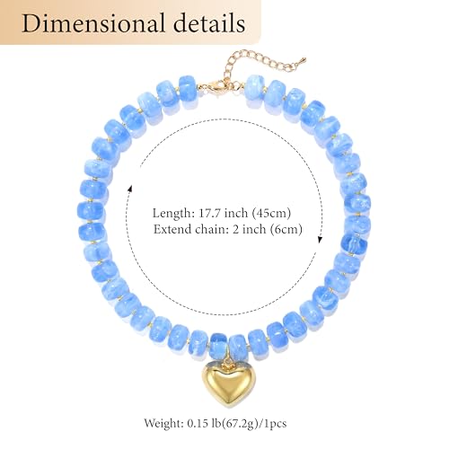 Chunky Heart Necklace for Women, Colorful Acrylic Beaded Statement Puff Heart Necklace, Cute Boho Y2K Choker Necklace for Gift Jewelry - color: Blue