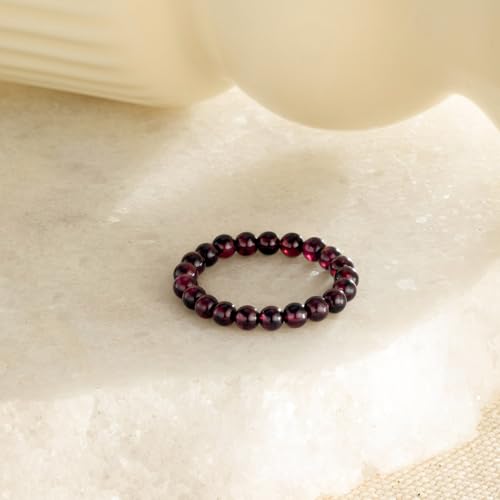 NLIEO Natural Gemstone Stretch Beaded Rings for Women Stackable Dainty Elastic Crystal Rings Jewelry - style: Almandite Garnet