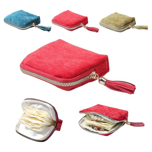 Sobotoo Small Travel Jewelry Case, Jewelry Zippered Pocket Case, 5-Layer Soft Velvet Organizer Pouch for Bracelets, Earrings, Beaded necklace, Rings, Mini Jewelry Bag for Travel Everyday Use(Red) - color: Red