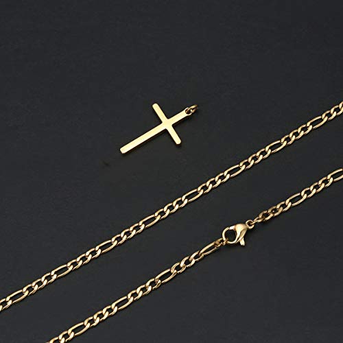 Joxevyia 14K Gold Filled Cross Necklace for Men Figaro Chain Stainless Steel Polished Cross Pendant Necklace Simple Baptism Faith Jewelry Gift - size: 20 inches, style: small cross pendant(1.0"*0.6")