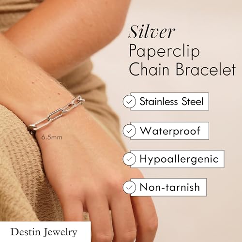 Destin Jewelry Paperclip Chain Necklace for Women, Waterproof 18K Gold Plated Stainless Steel, Hypoallergenic, Adjustable Layering Chain, Tarnish-Resistant, 2.5–6.5mm - color: Stainless Steel, size: 7", style: 2.5 MM