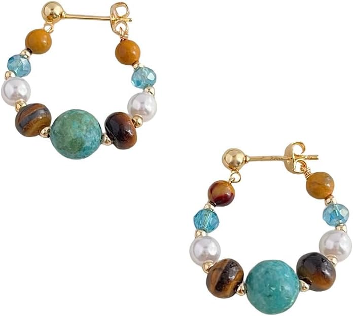 Hupplle Handmade Vintage Boho Dangle Earrings with Natural Stone Crystal Pearl Lightweight Hypoallergenic Elegant Jewelry Gifts for Women