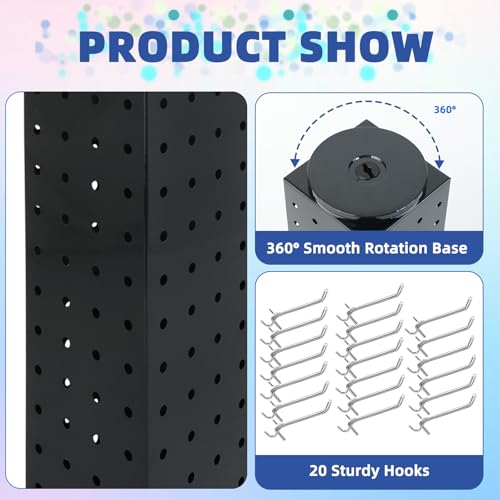 Rotating Pegboard Stand with 20 Peg Hooks 4-Sided Pegboard Spinning Display Stand 4 x 4 x 12 Inches, Keychain Display Stand for Retail Display, Earring Display (Black) - color: Black