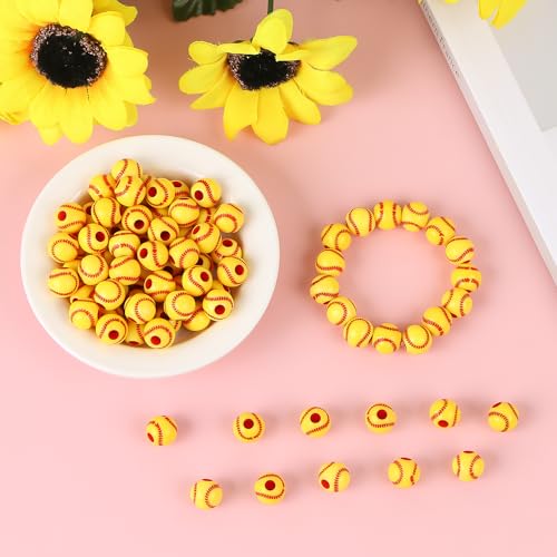 100pcs Baseball Beads with 5.5 Yard Elastic Rope,Acrylic Softball Beads Sports Bead DIY Spacer for Necklace Bracelet Keychains Handmade Jewelry Making Accessories Craft Supplies,12mm(Baseball) - color: Baseball