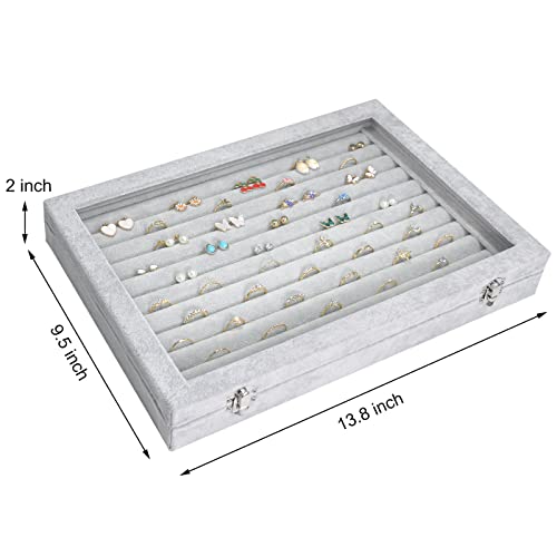 Siveit Rings Organizer Tray 10 Slots Velvet Ring Display Tray Insert Jewelry Earring Storage Box with Transparent Glass lid Can Hold 100 Rings Earrings Suitable for Girls and Women (Grey) - color: Grey