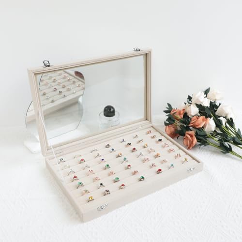 Wudygirl Ring Display with Clear Lid Organizer and Showcase Rings Box with 7 Slots Jewelry Tray for Drawer Velvet Rings Holder Accessories Storage (Beige Velvet) - style: Beige Ring Tray
