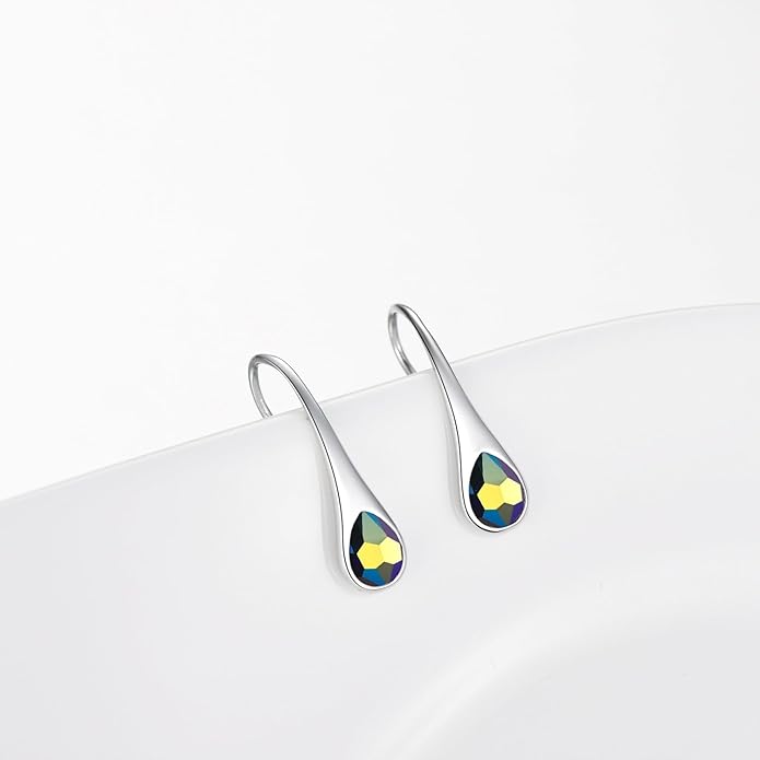 925 Sterling Silver Small Pear-Shaped Modern Style Hook Earrings with Crystals from Austria