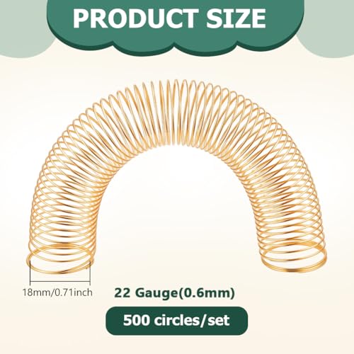 PH PandaHall 500 Loops Steel Memory Wire Golden Jewelry Wire Bendabe Metal Craft Wires for Women Rings Coil Ring Earrings Jewelry Making, Inner Diameter: 18mm, 22 Gauge