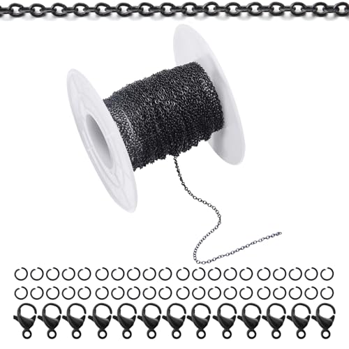 66Feet Black Stainless Steel Necklace Chains Cable Link Chains for Jewelry Making DIY Craft Kit with Lobster Clasps Jump Rings - color: 66Feet-Black, size: 1.0mm