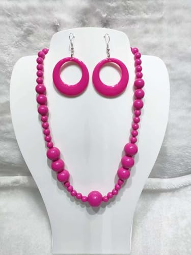 KZL Colorful Round Acrylic Beaded Jewelry Set for Women, Retro 80s Neon Dangle Earrings & Chunky Beaded Necklace, Costume Party Festival Accessories - color: Rose Red