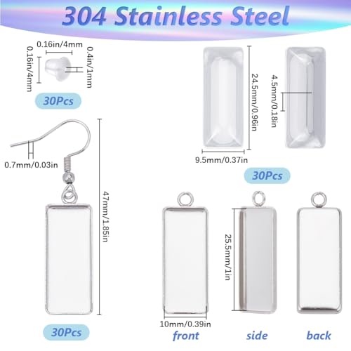 1 Box 90Pcs 30 Sets Earring Bezel Blanks Stainless Steel Earring Wire Hooks 10x25mm Rectangle Bezel Pendant Trays with Glass cabochons Silicone Backs for Jewelry Making DIY Dangle Charms - style: Style 3
