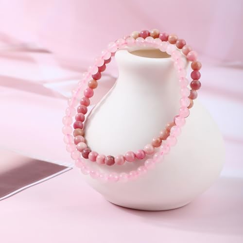 NCB 2.3-Piece 4mm Natural Crystal Gemstone Stretch Bracelets – Handmade Reiki Energy Healing Jewelry for Meditation,Yoga, Unisex - color: 2PCS ( Pink Quartz+Rhodochrosite ), size: 4mm