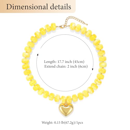 Chunky Heart Necklace for Women, Colorful Acrylic Beaded Statement Puff Heart Necklace, Cute Boho Y2K Choker Necklace for Gift Jewelry - color: Yellow