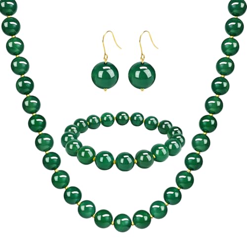 Gemstone Beaded Necklace for Women, Trendy 18K Gold Plated Hematite Natural Stone Bead Choker, Boho Handmade Summer Beach Necklaces for Women Everyday Western Jewelry Gifts - color: Green Agate