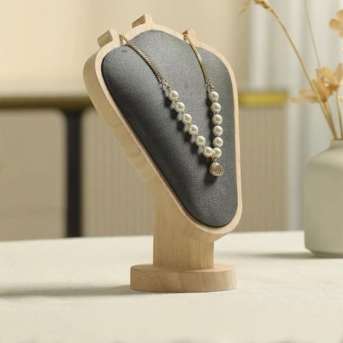 TANG SONG 8.27" Natural Wooden Base Flannelette Soft Mat Necklace Display Stand Jewelry Organizer Holder (Natural-Gray) - color: Natural -Gray