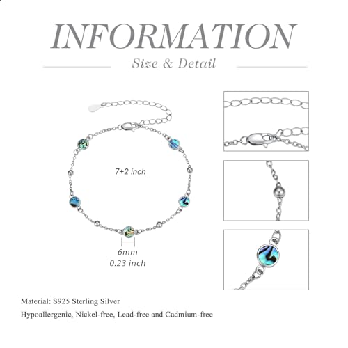 HPQQ Anklet Bracelet for Women 925 Sterling Silver Natural Stone Chain Bead Ankle Bracelet Beach Summer Fine Jewelry Mothers Day Birthday Gifts for Women Mom Wife - color: Bracelet-7"-9"-Abalone