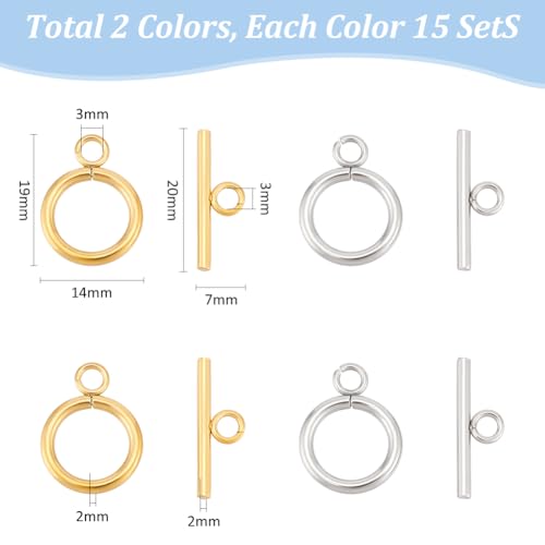 UNICRAFTALE 30 Sets 2 Colors Toggle Clasps 304 Stainless Steel Ring Toggle Connectors Golden & Stainless Steel Color IQ Toggles Clasps & Tbar Clasp for DIY Necklace Bracelet Jewelry Making