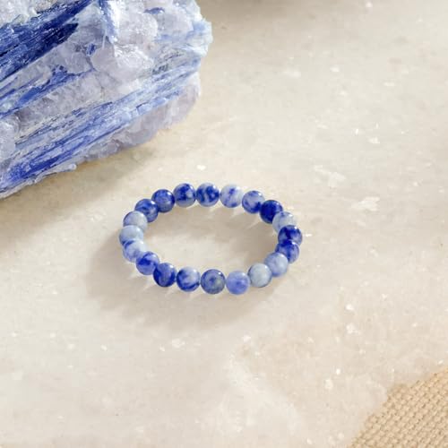 NLIEO Natural Gemstone Stretch Beaded Rings for Women Stackable Dainty Elastic Crystal Rings Jewelry - style: Sapphire