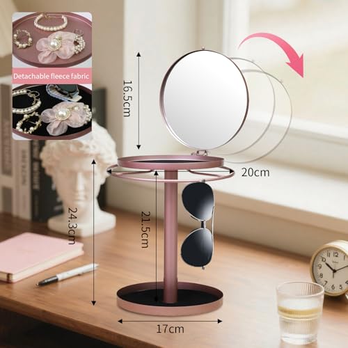 360° Rotating Sunglasses Organizer With Mirror, Metal Glasses Holder Stand, Sunglass Storage Display Eyewear Eyeglasses Rack with Tray for Desk Nightstand Dresser Table Countertop Bedroom, Rose Gold