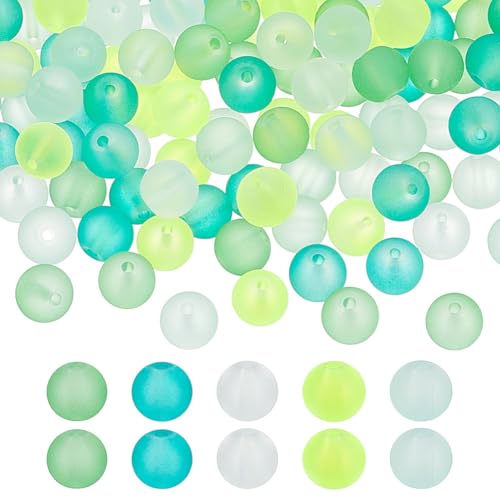 PH PandaHall 200pcs 8mm Frosted Glass Beads 5 Colors Round Green Bracelet Bead Transparent Frosted Crystal Beads Glass Jewelry Loose Bead for Summer Beading Necklace Bracelet Jewelry Crafts Making - color: Green