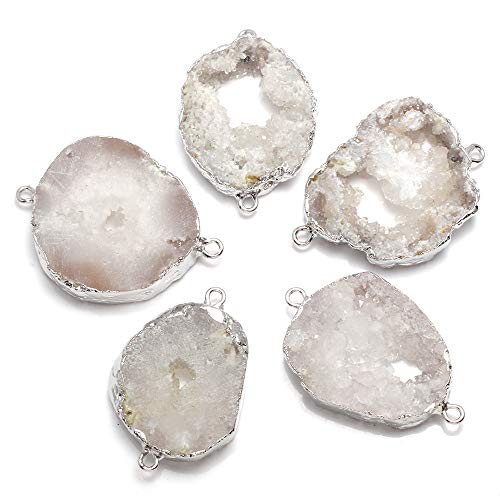 LHJ 5Pcs Natural Druzy Agate Links Necklace Pendants Gemstone Charm Connectors Golden Plated for Necklace Bracelet Jewelry Making - color: White, size: 30-35mm