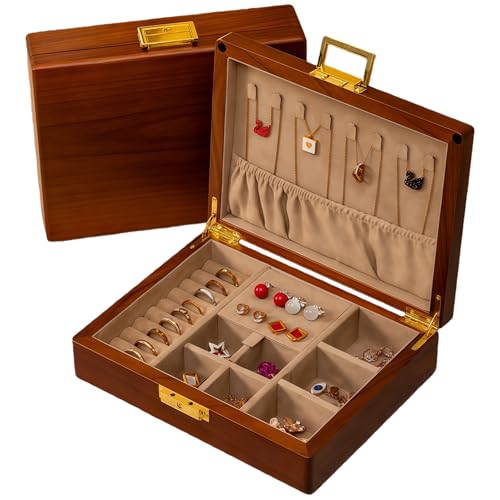 Solid Black Walnut Jewelry Box with Lock and Key Large Capacity Vintage Wooden Organizer for Women and Men Ring Necklace Earring Cufflink Storage Compartments Removable Dividers Gift - color: Khaki Velvet