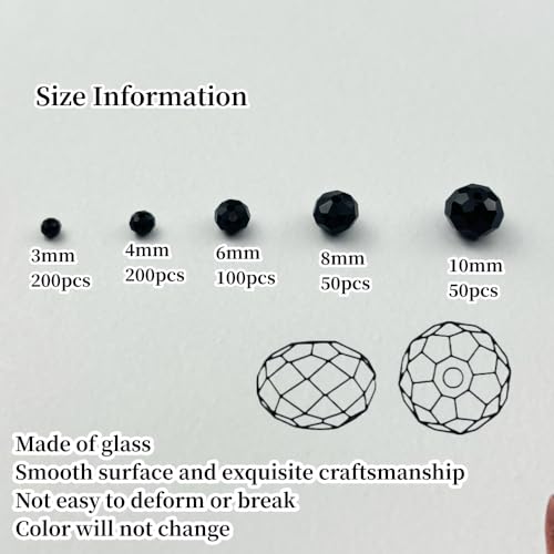 600pcs Crystal Glass Beads 3mm 4mm 6mm 8mm 10mm Rondelle Faceted Crystal Beads Spacer Beads for Necklace Bracelet Earrings DIY Jewelry Crafts Making Supplies(Black) - color: Black