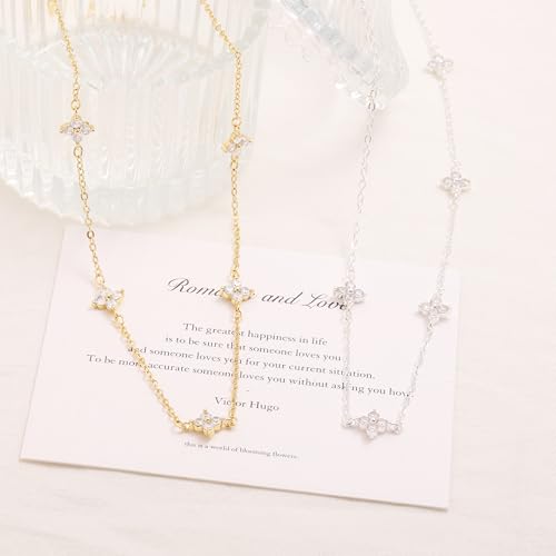 Mothers Day Gifts - Dainty Silver Gold Necklaces for Women Cute Station Choker Simulated Diamond Necklace Simple Layering CZ Necklace Trendy Jewelry Gifts - color: Gold, style: Flower