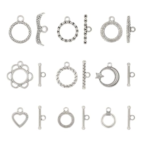 54 Pcs Antique Silver Toggle Clasps Alloy OT Toggle Jewelry Clasps Flower & Ring & Heart T-Bar Closure Clasp Fastener IQ End Connectors for DIY Necklace Bracelet Jewelry Making - color: Alloy-Heart/Flower/Ring