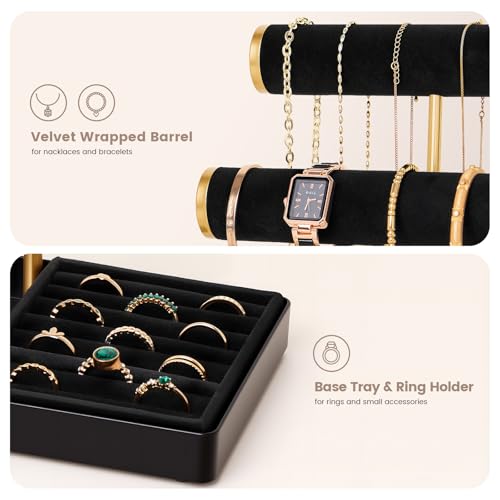 Lolalet Bracelet Display Stand Necklaces Holder, 5 Tiers Jewelry Organizer and Storage Rack with Velvet Slot and Metal Base, for Women Bangles Watches Ring Earrings -Black - color: Black