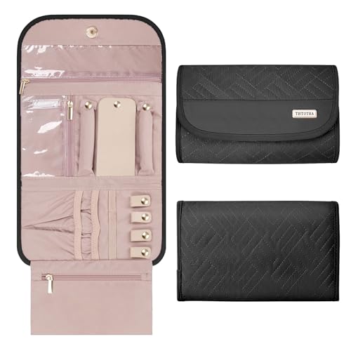 Travel Jewelry Organizer Box, Foldable Travel Case for Earrings, Necklaces, Rings, Bracelets, Black - color: Black-Tri-fold Style